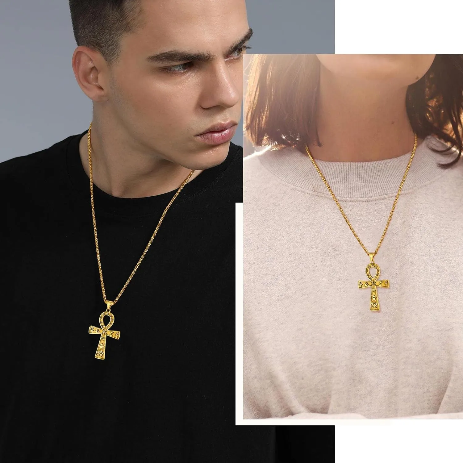 ChainsProMax Men Stainless Steel Ankh Cross Necklace, Egyptian Jewelry-Send Gift Box