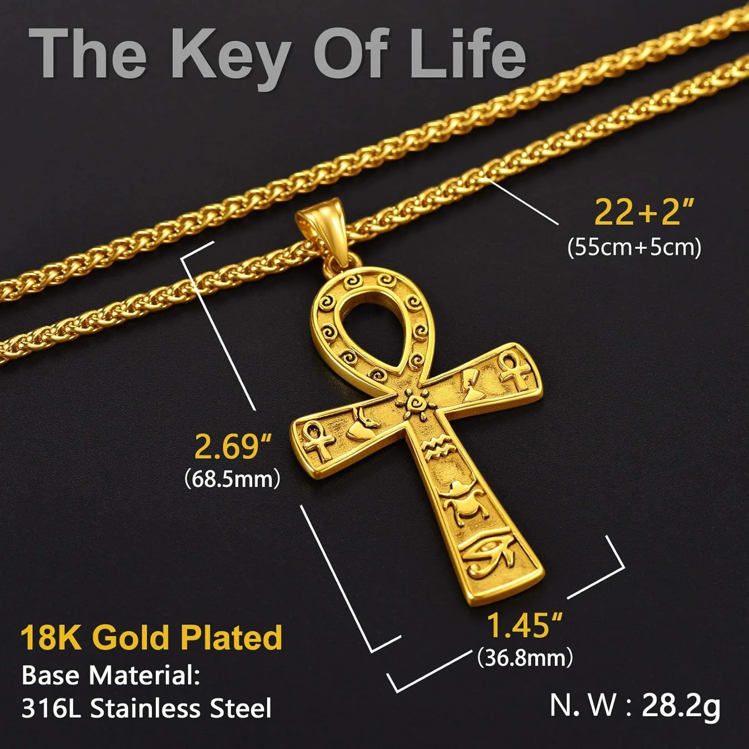 ChainsProMax Men Stainless Steel Ankh Cross Necklace, Egyptian Jewelry-Send Gift Box