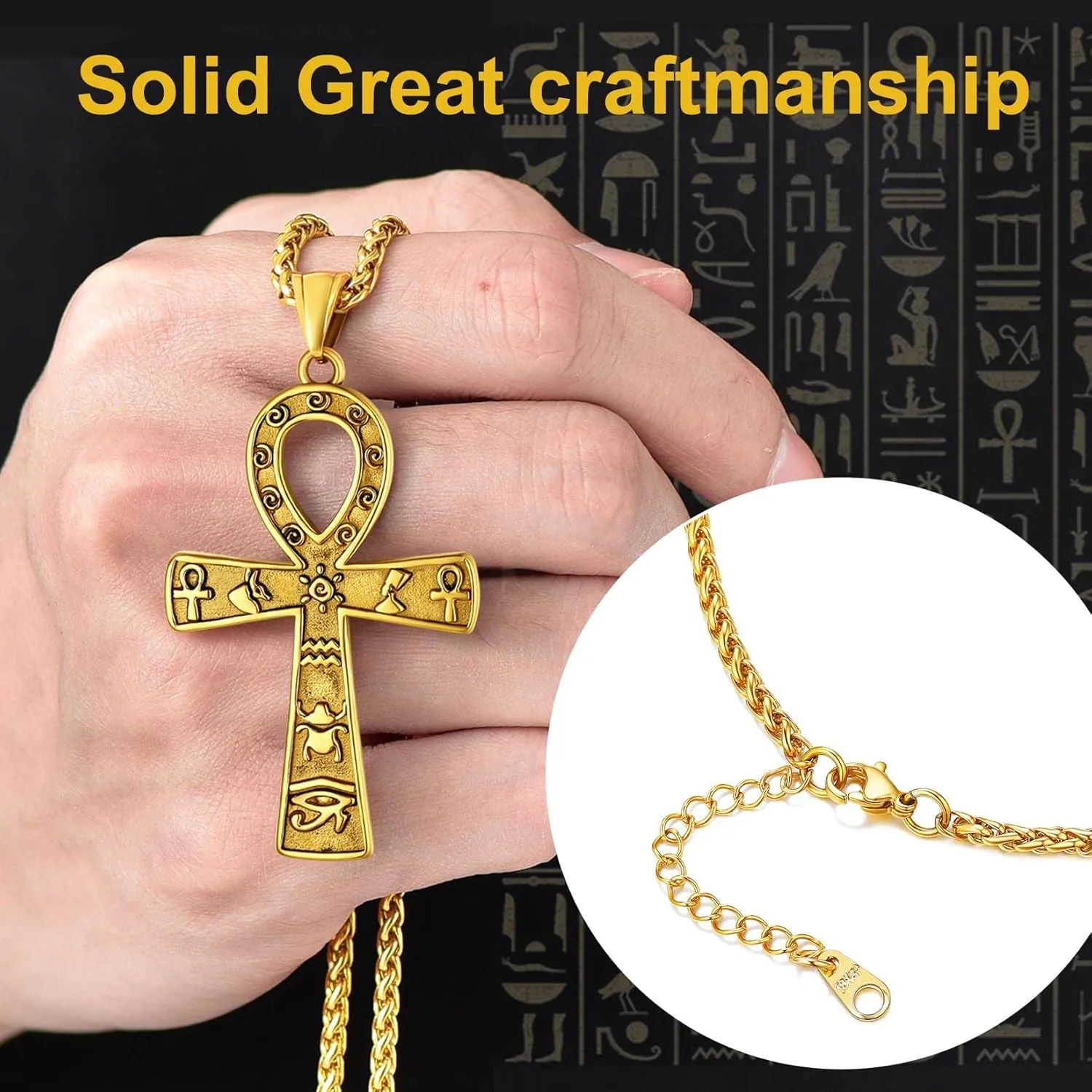 ChainsProMax Men Stainless Steel Ankh Cross Necklace, Egyptian Jewelry-Send Gift Box