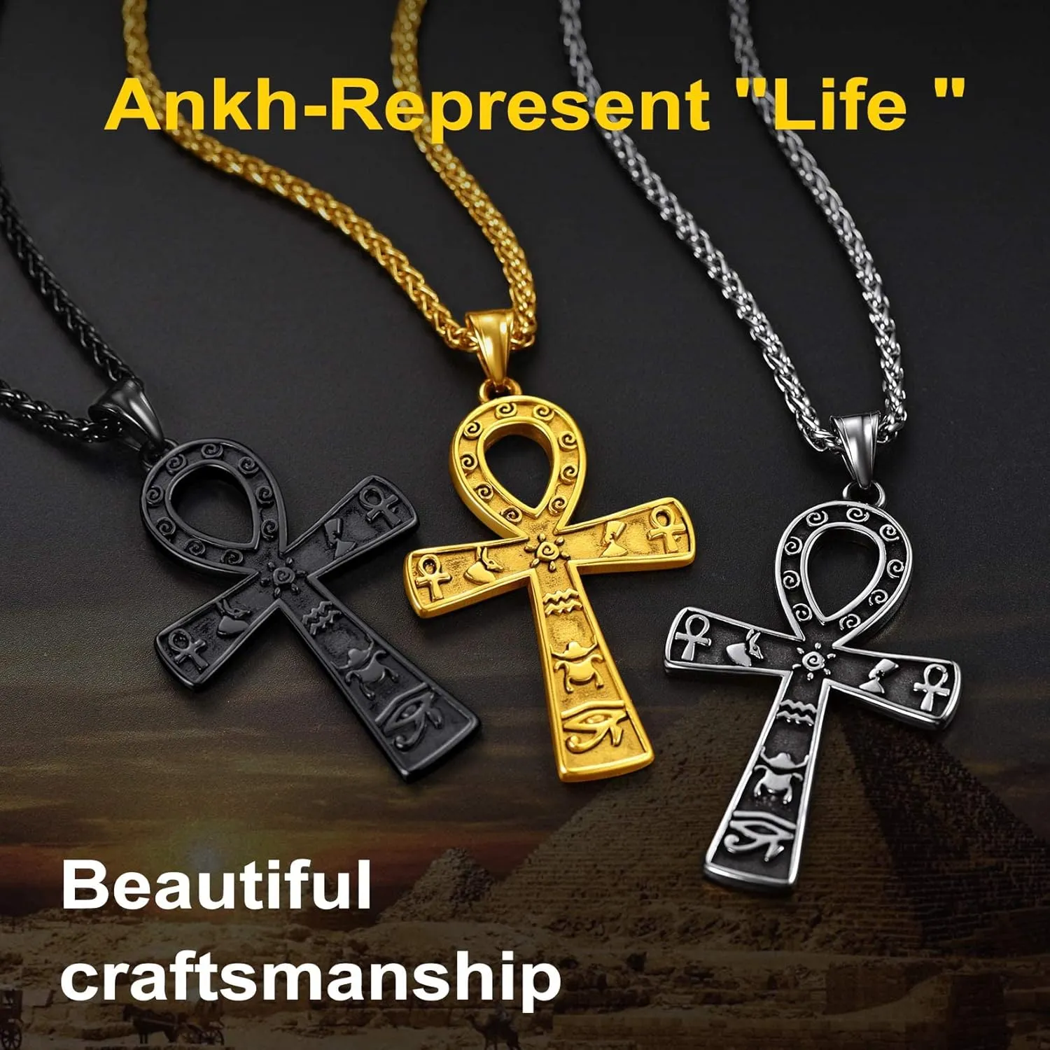 ChainsProMax Men Stainless Steel Ankh Cross Necklace, Egyptian Jewelry-Send Gift Box