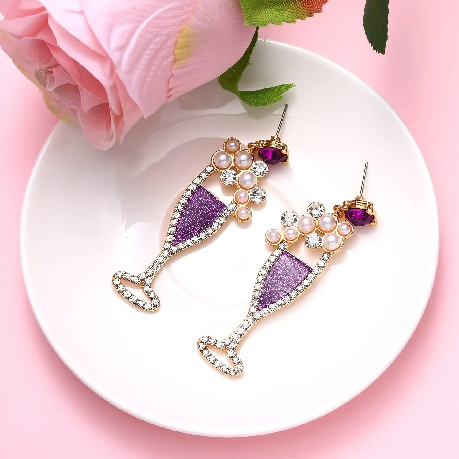 Champagne Wine Glass Earrings for Women Glitter Rhinestone Champagne Flute Earrings Pearl Beaded Dangle Drop Earrings for Party Holiday Celebration Gifts