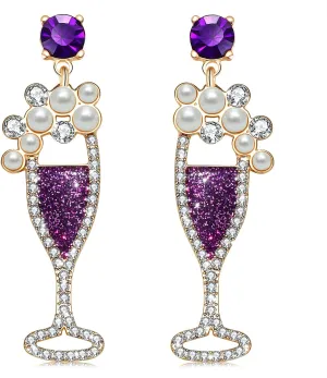 Champagne Wine Glass Earrings for Women Glitter Rhinestone Champagne Flute Earrings Pearl Beaded Dangle Drop Earrings for Party Holiday Celebration Gifts