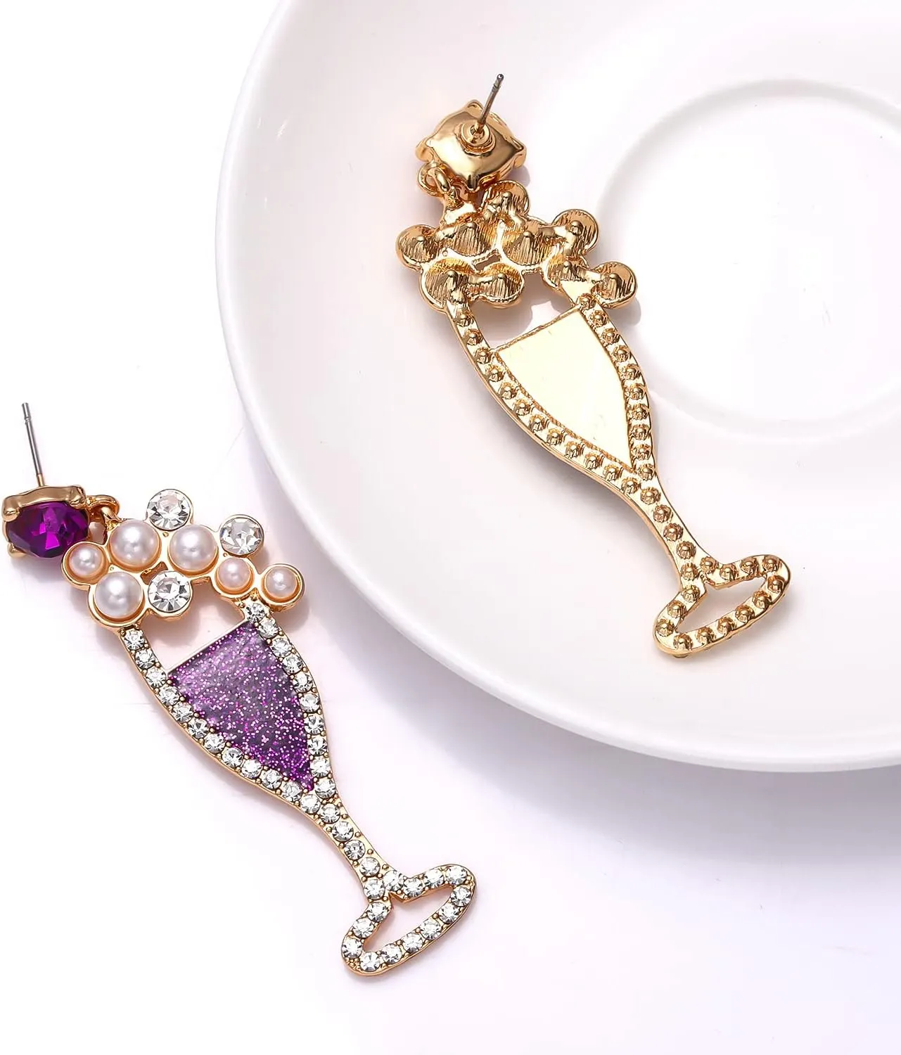 Champagne Wine Glass Earrings for Women Glitter Rhinestone Champagne Flute Earrings Pearl Beaded Dangle Drop Earrings for Party Holiday Celebration Gifts