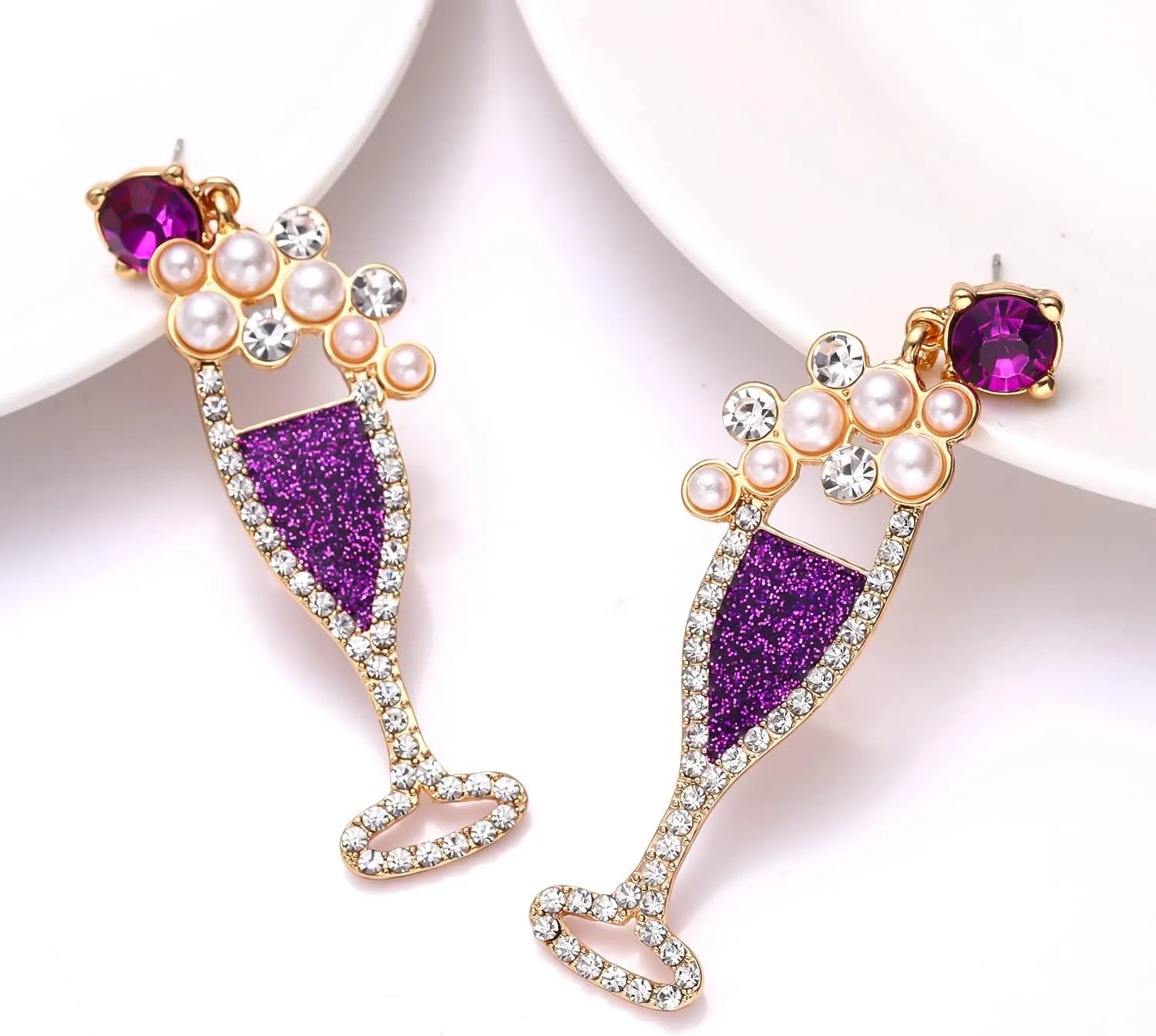 Champagne Wine Glass Earrings for Women Glitter Rhinestone Champagne Flute Earrings Pearl Beaded Dangle Drop Earrings for Party Holiday Celebration Gifts