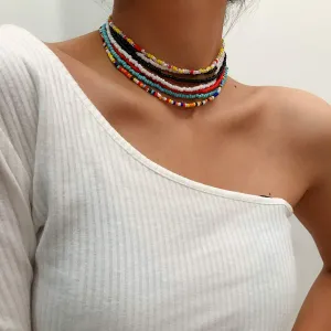 Chargances 7pcs Colorful Rice Beaded Choker Necklace for Women and Girls Boho Layered Necklace for Birthday Party Gift