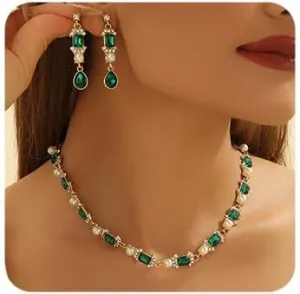 Chargances Crystal Bridal Bridesmaid Jewelry Sets Elegant Green Rhinestone Necklace Teardrop Dangle Earrings for Women and Brides