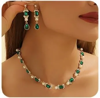 Chargances Crystal Bridal Bridesmaid Jewelry Sets Elegant Green Rhinestone Necklace Teardrop Dangle Earrings for Women and Brides