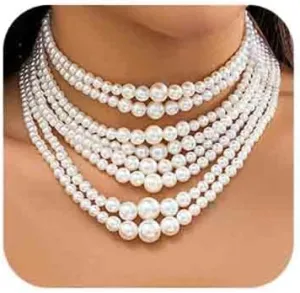 Chargances Elegant Multi Strand Imitation Pearl Necklace Bohemian White Beaded Statement Necklace Fashion Jewelry for Women Gifts (Style 3)