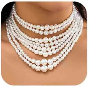 Chargances Elegant Multi Strand Imitation Pearl Necklace Bohemian White Beaded Statement Necklace Fashion Jewelry for Women Gifts (Style 3)