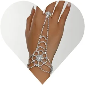 Chargances Elegant Sparkly Rhinestone Hand Chain Bracelet with Finger Ring Flower Crystal Slave Link Bracelet Wedding Hand Harness Jewelry for Women