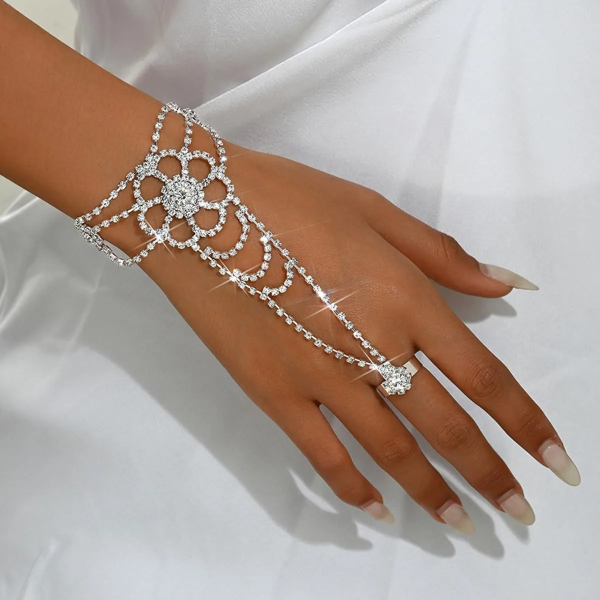 Chargances Elegant Sparkly Rhinestone Hand Chain Bracelet with Finger Ring Flower Crystal Slave Link Bracelet Wedding Hand Harness Jewelry for Women