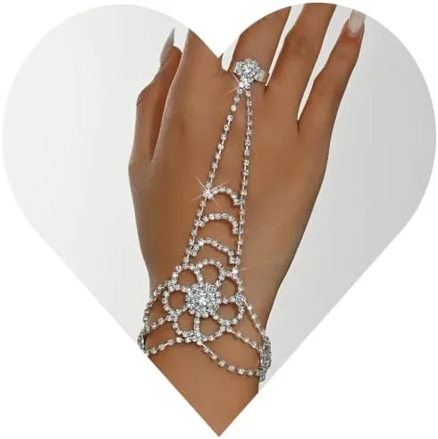 Chargances Elegant Sparkly Rhinestone Hand Chain Bracelet with Finger Ring Flower Crystal Slave Link Bracelet Wedding Hand Harness Jewelry for Women