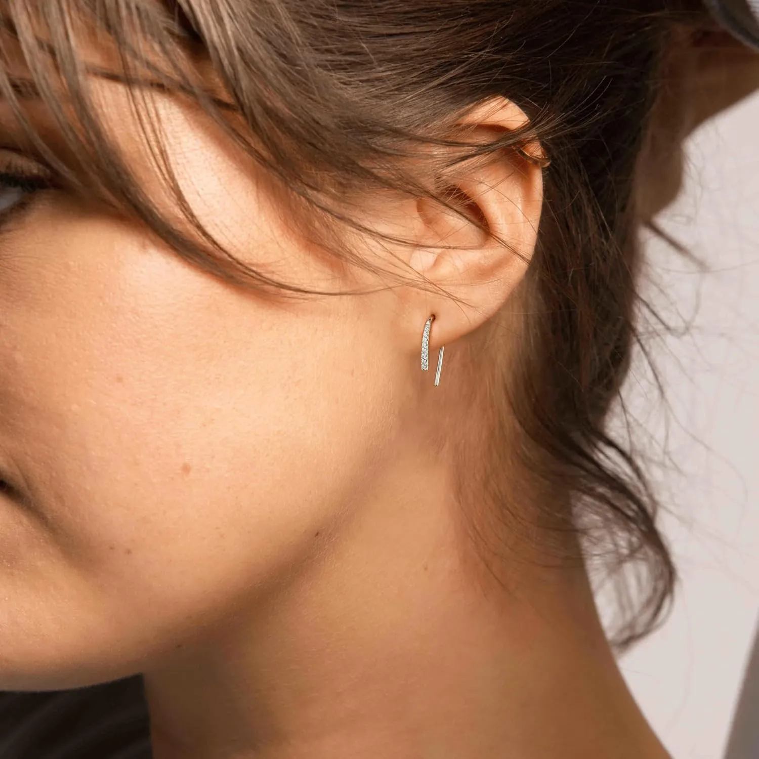 CHIC & ARTSY Threader Hoop Earring 925 Sterling Silver CZ Pull Through Hoop Earrings Small Open hoop Earrings Backless Earrings for Women