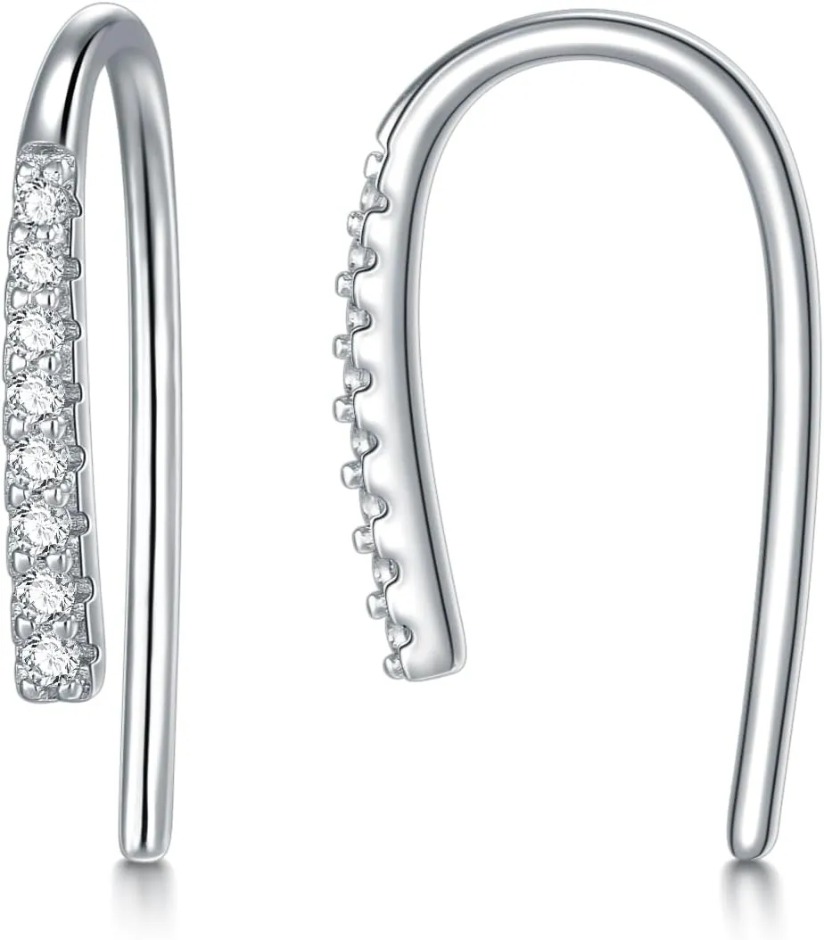 CHIC & ARTSY Threader Hoop Earring 925 Sterling Silver CZ Pull Through Hoop Earrings Small Open hoop Earrings Backless Earrings for Women