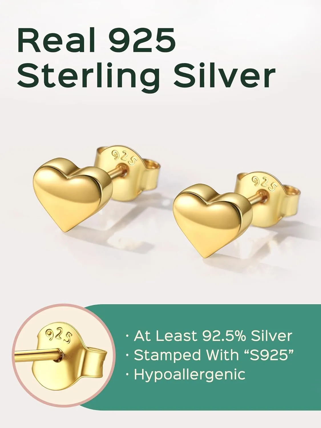 ChicSilver Hypoallergenic 925 Sterling Silver Stud Earrings, Dainty Simple Heart/Star/Moon/Lightning/Sun Earrings for Women (with Gift Box)