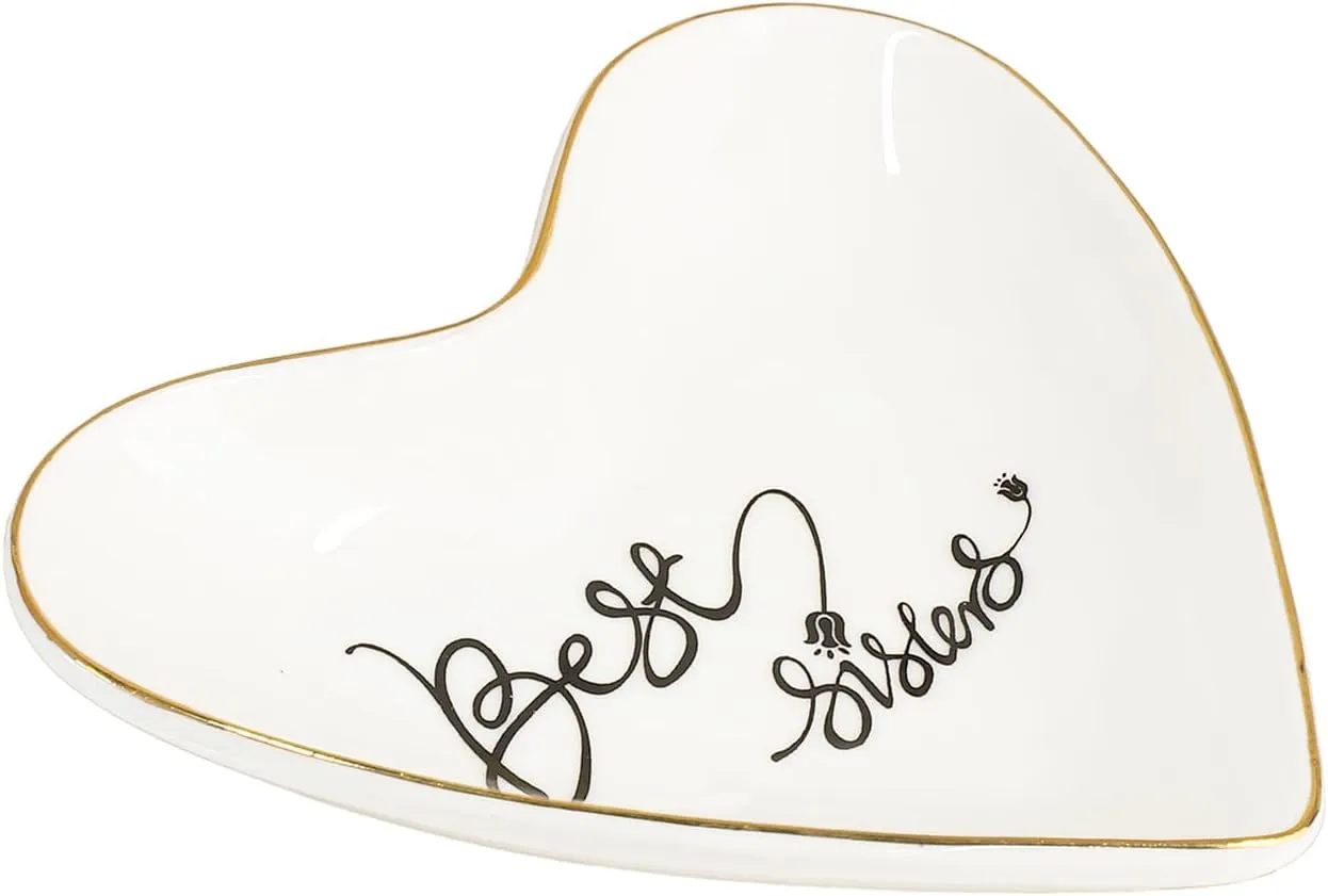 CHOOLD Ceramic Heart Shape Ring Dish Holder Jewelry Tray Dish Trinket Holder Jewelry Holder Home Decor Dish for Wedding Birthday Valentine Day-Sisters-4 Inch
