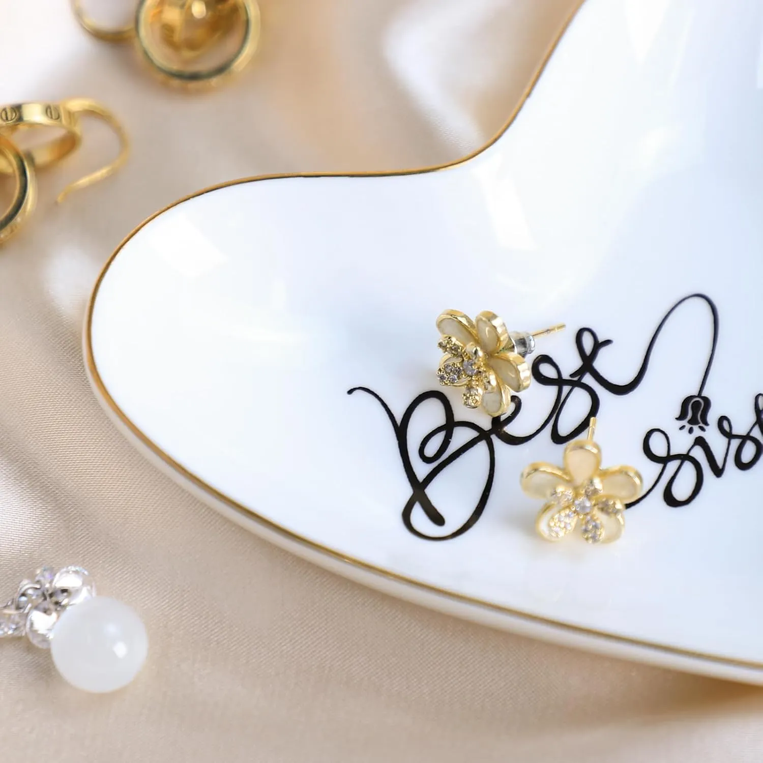 CHOOLD Ceramic Heart Shape Ring Dish Holder Jewelry Tray Dish Trinket Holder Jewelry Holder Home Decor Dish for Wedding Birthday Valentine Day-Sisters-4 Inch