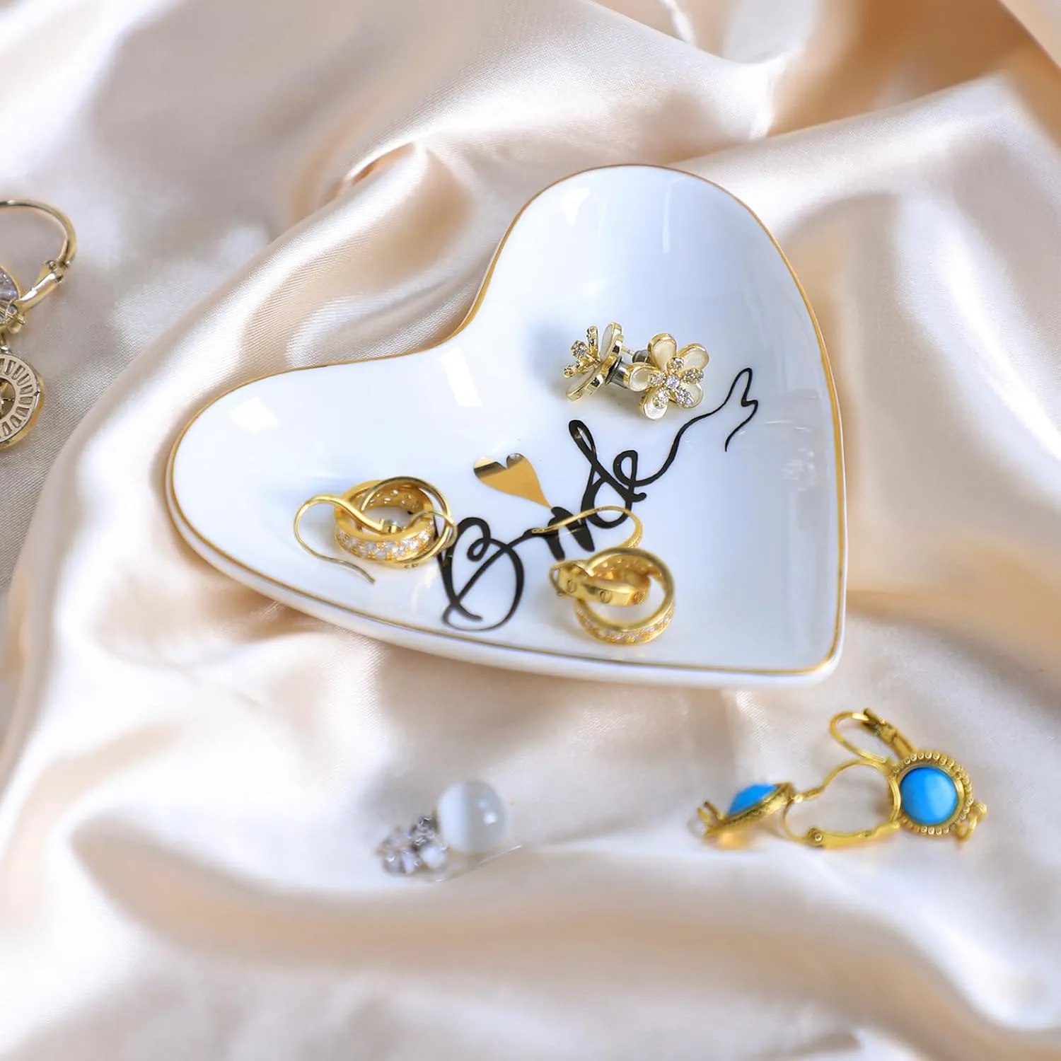 CHOOLD Ceramic Heart Shape Ring Dish Holder - Jewelry Tray, Trinket Holder, Home Decor for Wedding, Birthday, Valentine Day - Bride - 4 Inch