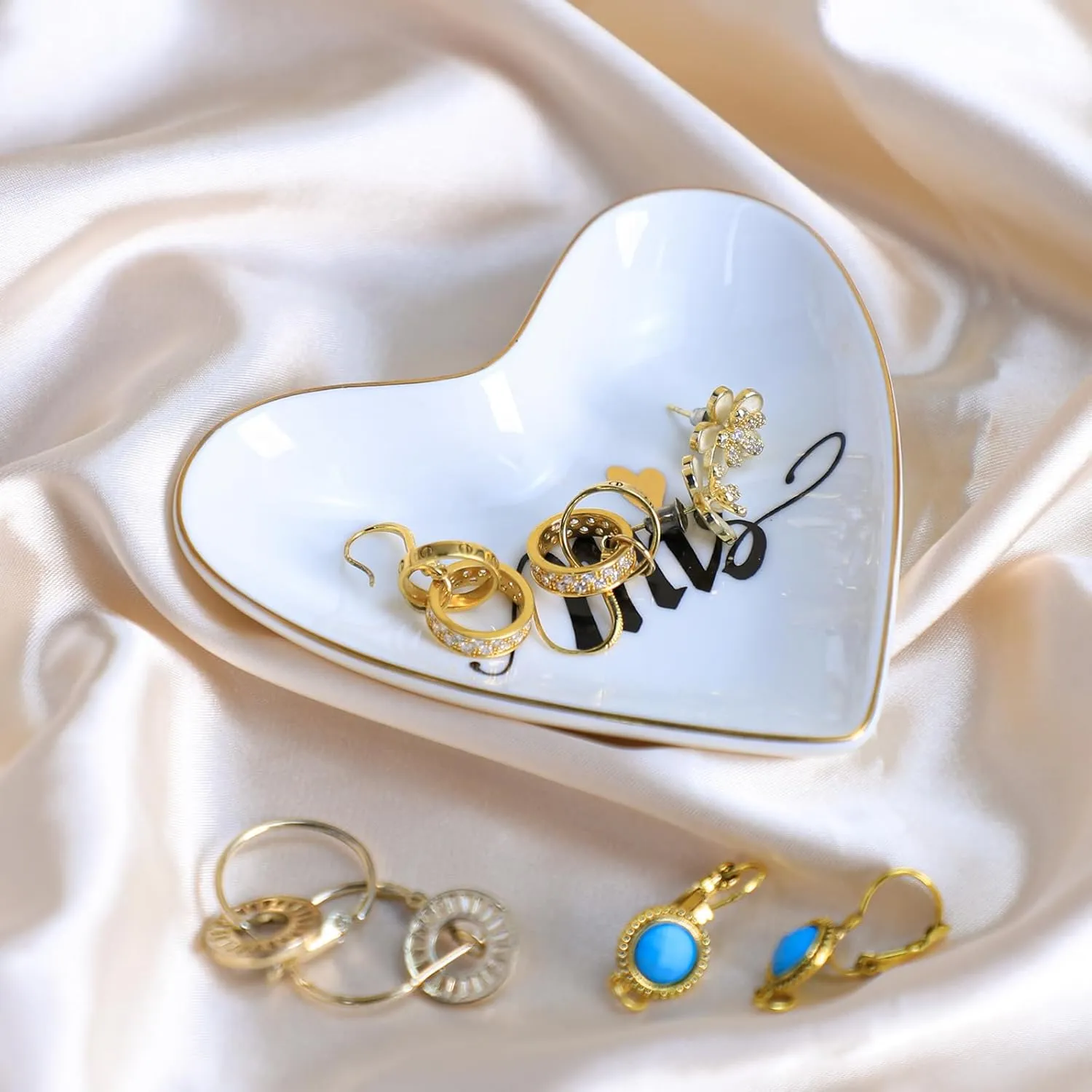 CHOOLD Ceramic Heart Shape Ring Dish Jewelry Tray Trinket Holder Home Decor for Wedding Birthday Valentine Day-Mrs-4 Inch