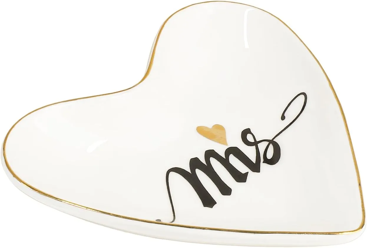 CHOOLD Ceramic Heart Shape Ring Dish Jewelry Tray Trinket Holder Home Decor for Wedding Birthday Valentine Day-Mrs-4 Inch