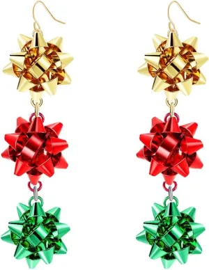 Christmas Bow Earrings Holiday Xmas Bow Earrings for Women Red Green White Bow Drop Dangle Earrings Triple Bow Earring Jewelry