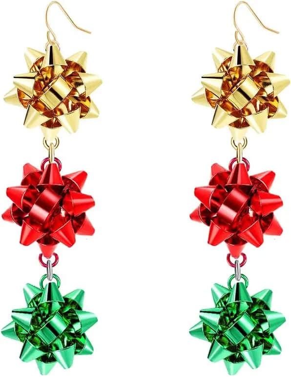 Christmas Bow Earrings Holiday Xmas Bow Earrings for Women Red Green White Bow Drop Dangle Earrings Triple Bow Earring Jewelry
