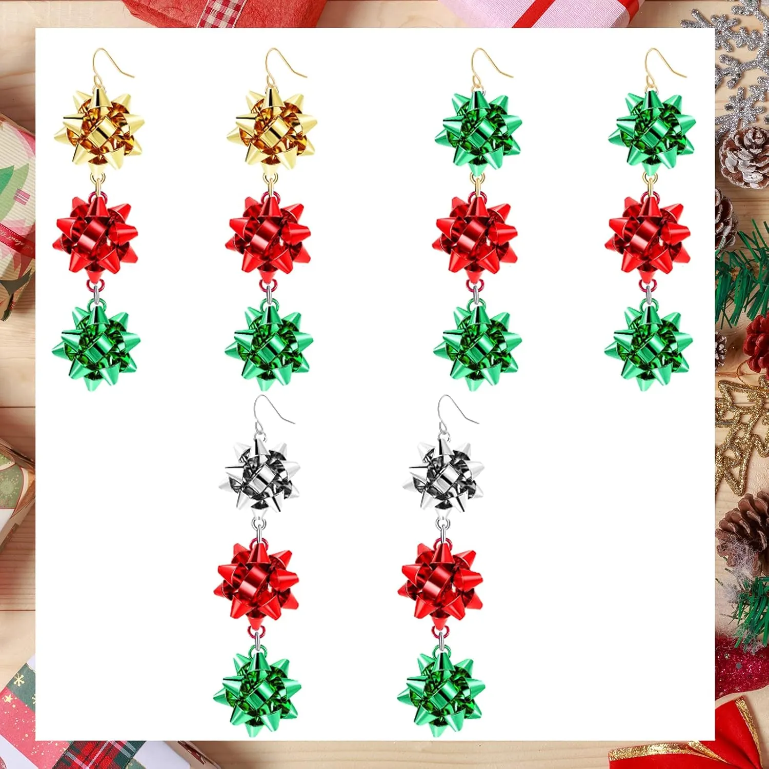 Christmas Bow Earrings Holiday Xmas Bow Earrings for Women Red Green White Bow Drop Dangle Earrings Triple Bow Earring Jewelry