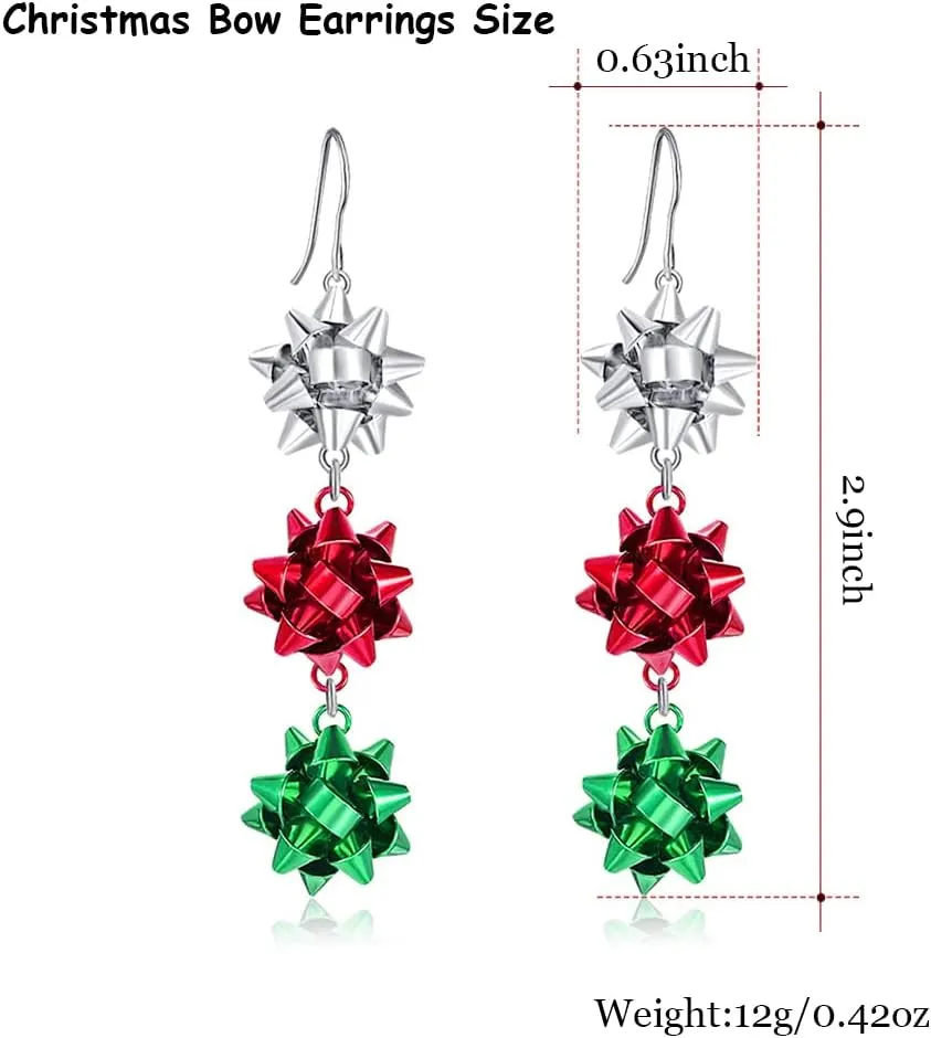 Christmas Bow Earrings Holiday Xmas Bow Earrings for Women Red Green White Bow Drop Dangle Earrings Triple Bow Earring Jewelry