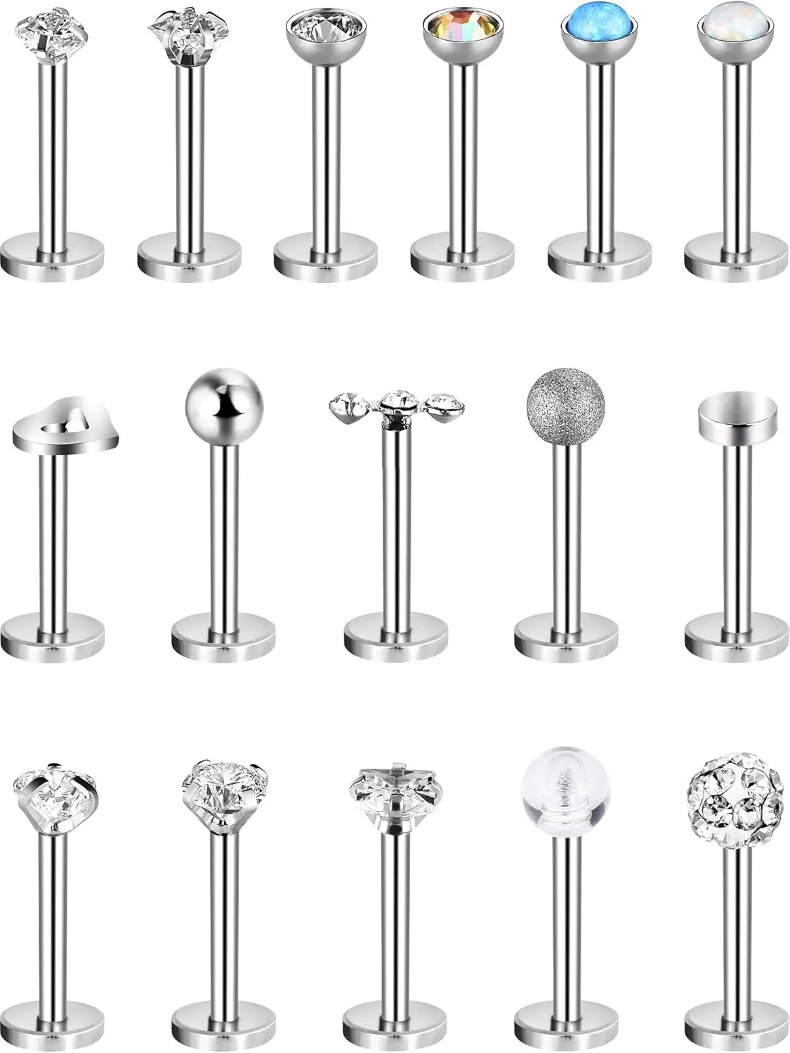 Chuangdi 16 Pieces 16 G Labret Nose Studs Piercing Lips Stainless Steel Tragus Nose Assorted Design Piercing Jewelry for Women (Silver)