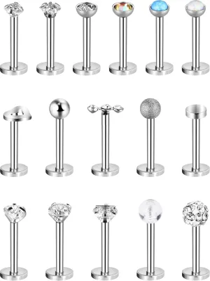 Chuangdi 16 Pieces 16 G Labret Nose Studs Piercing Lips Stainless Steel Tragus Nose Assorted Design Piercing Jewelry for Women (Silver)