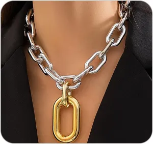Chunky Gold Choker Necklace for Women,Two Tone Thick Paperclip Chain Link Necklace,Layered Stack OT Toggle Statement Neck Jewelry Accessories