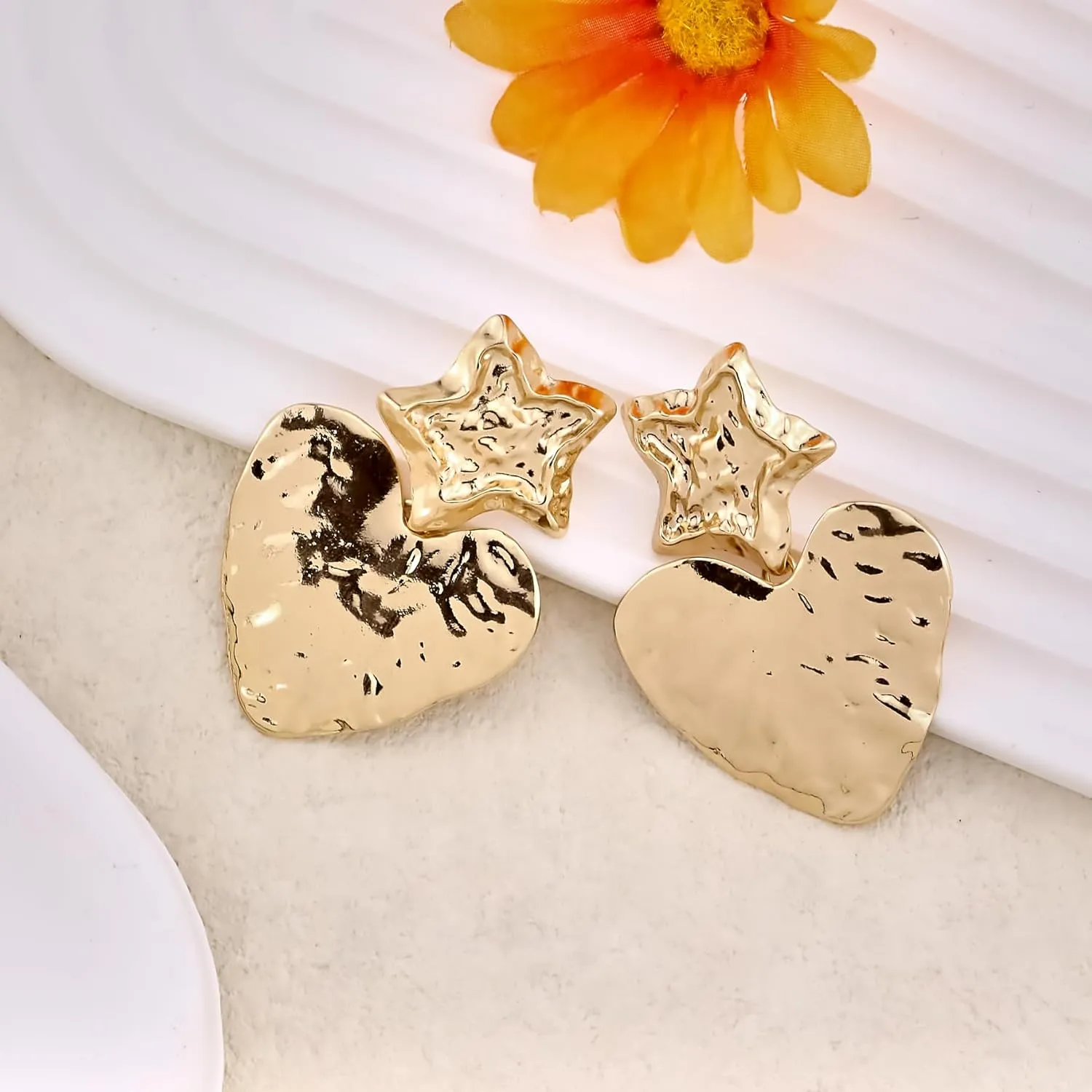 Chunky Gold Earrings - 14K Gold Plated Geometric Statement Earrings - Chunky Overstated Hoop Earrings - Large Shell Disc Heart Design - Prom Jewellery