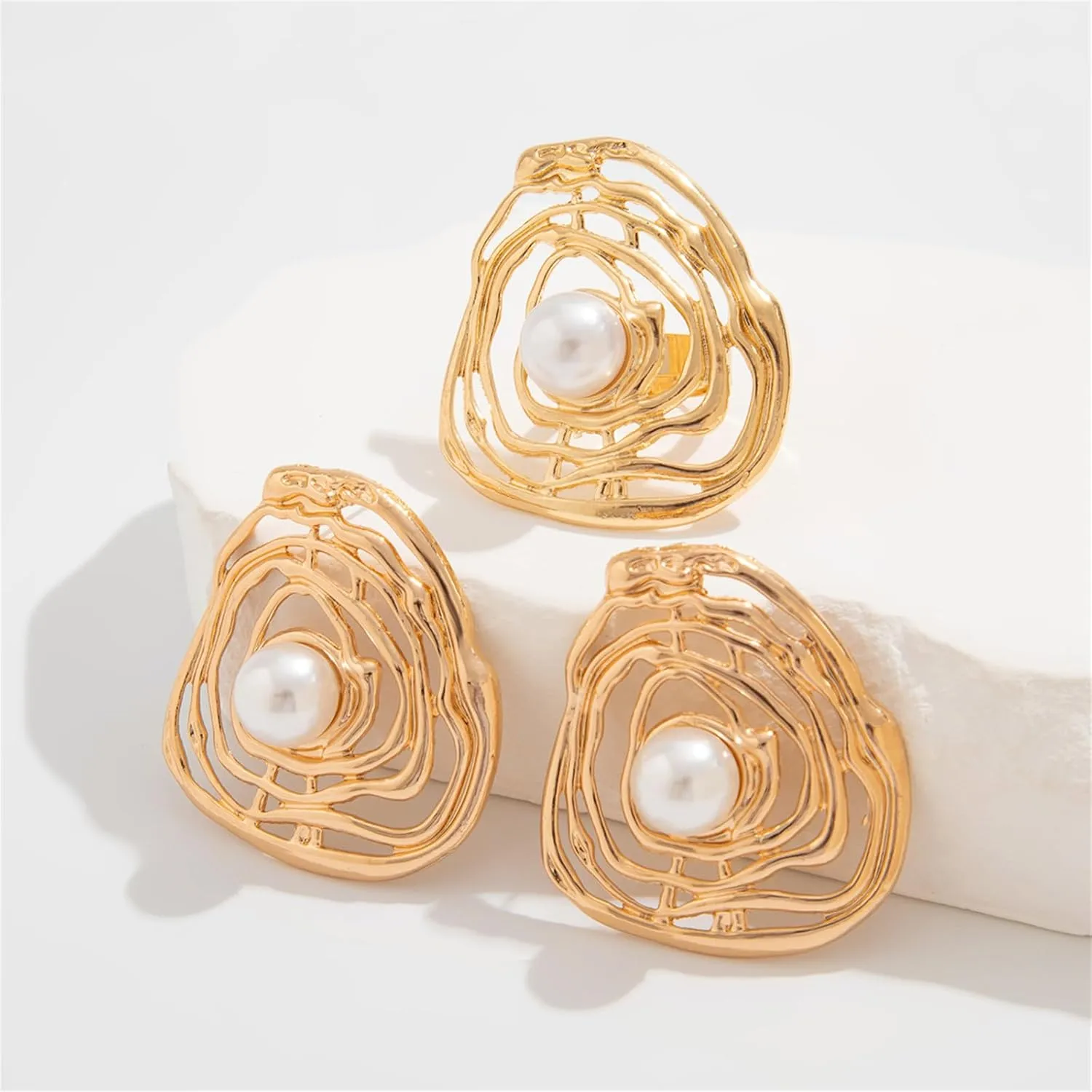 Chunky Gold Earrings Rings Set,Vintage Metal Wrinkle Pearl Knuckle Ring Exaggerated Irrgular Stud Earrings Round Large Pearl Ripple Band Ring Set Jewelry for Women