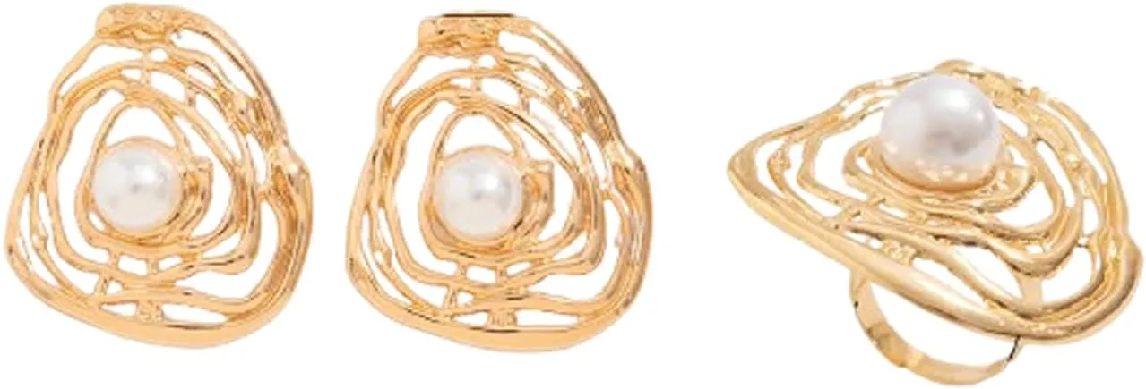 Chunky Gold Earrings Rings Set,Vintage Metal Wrinkle Pearl Knuckle Ring Exaggerated Irrgular Stud Earrings Round Large Pearl Ripple Band Ring Set Jewelry for Women