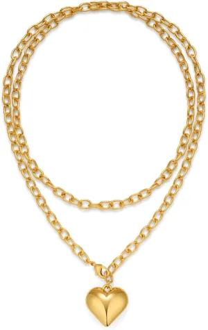Chunky Gold Heart Pendant Necklace for Women - 36" Lightweight Puffy Heart Chain Jewelry, Two-Way Adjustable Design for Layered or Single Wear, Trendy Gift for Women