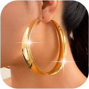 Chunky Gold Hoop Earrings for Women,14k Gold Plated Exaggerated Large Gold Hoop Earrings 80MM Hypoallergenic Trendy Lightweight Big Wide Post Thick Hoop Earrings Prom Jewelry