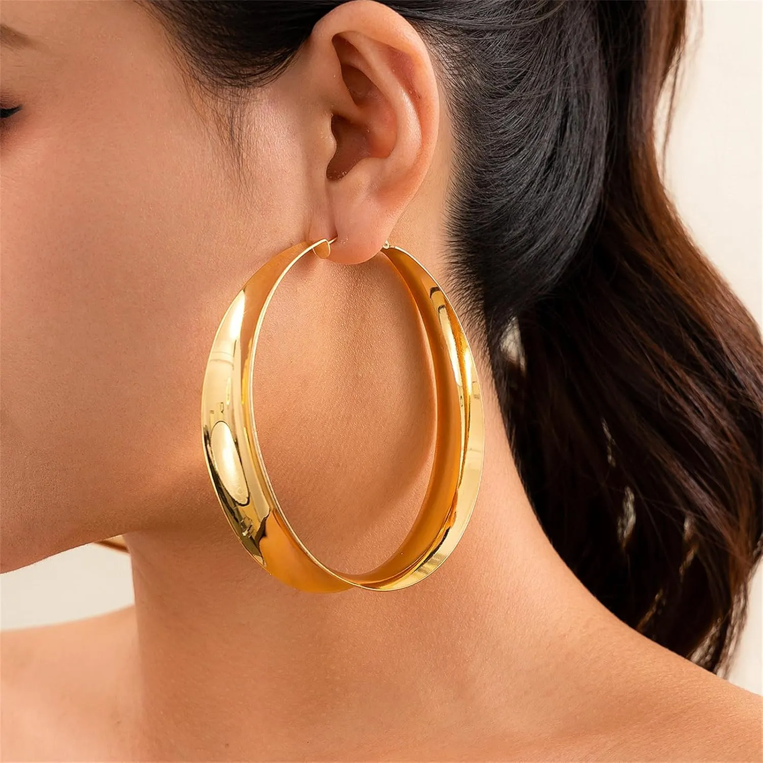 Chunky Gold Hoop Earrings for Women,14k Gold Plated Exaggerated Large Gold Hoop Earrings 80MM Hypoallergenic Trendy Lightweight Big Wide Post Thick Hoop Earrings Prom Jewelry