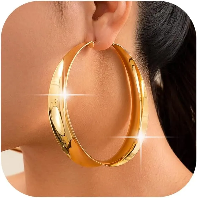 Chunky Gold Hoop Earrings for Women,14k Gold Plated Exaggerated Large Gold Hoop Earrings 80MM Hypoallergenic Trendy Lightweight Big Wide Post Thick Hoop Earrings Prom Jewelry
