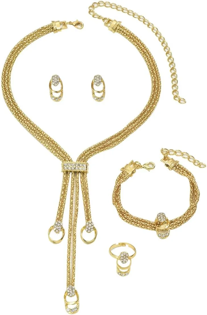Chunky Gold Multi-Layer Necklace Jewelry Set for Women,Trendy Gold Statement Four-piece Jewelry Set Cubic Zirconia Crystal Collarbone Chain Choker Necklace Set Fashion African Costume Party Necklace Set Jewelry
