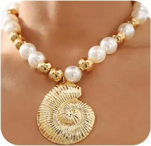 Chunky Gold Pearl Conch Statement Necklace Exaggerated Large Round Balls Beaded Choker Seashell Collar Necklace Dainty Beach Ocean Jewelry for Women
