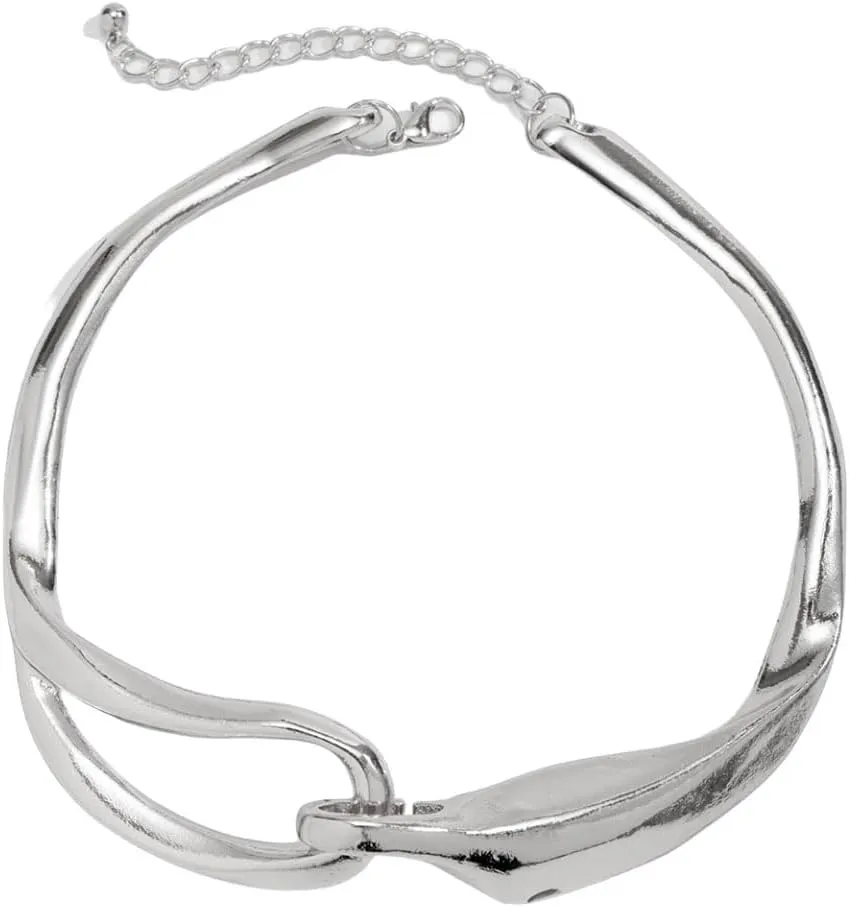 Chunky Silver/Gold Plated Metal Buckle Collar Necklace for Women Men,Thick Geometric Metallic Unisex Abstract Choker Necklace Statement Fashion Chain Necklace Cool Punk Jewelry (silver)