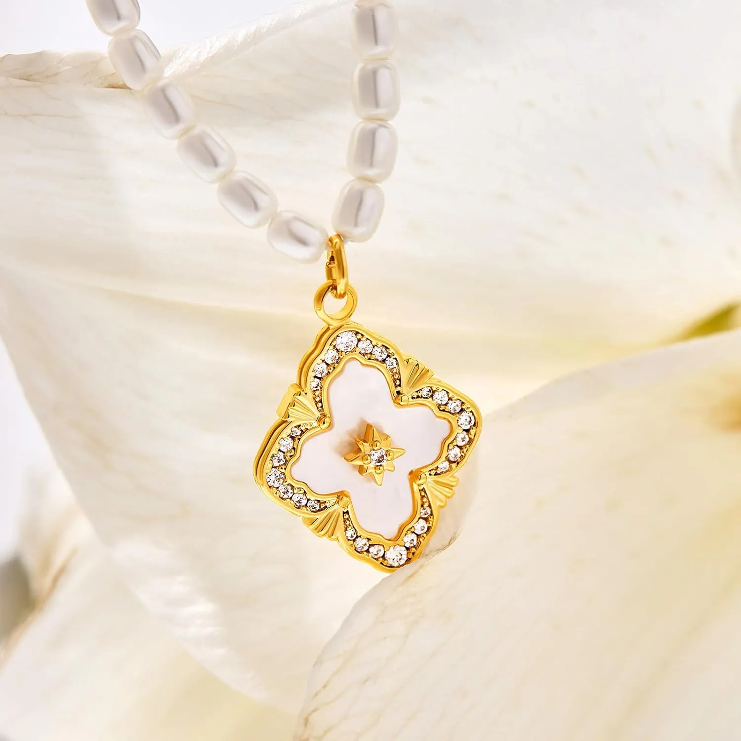 Cicy Bell Four Leaf Clover Pendant Necklace for Women Lucky 18k Gold Plated Cubic Zirconia Trendy Dainty Long Y Necklace Jewelry Gifts