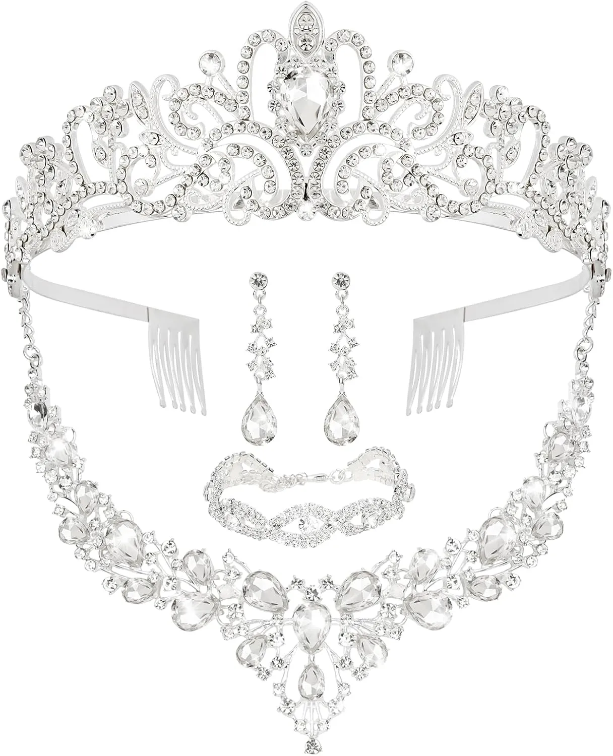 CIEHER 4/5 Pieces Women Jewelry Set - Dazzling Crown   Luxury Necklace   Elegant Bangle Bracelet   Crystal Teardrop Dangle Earrings for Bride Wedding Party