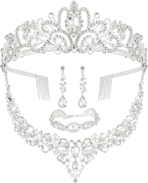 CIEHER 4/5 Pieces Women Jewelry Set - Dazzling Crown   Luxury Necklace   Elegant Bangle Bracelet   Crystal Teardrop Dangle Earrings for Bride Wedding Party