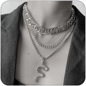 CJIAYUJEW Gold Snake Layered Chunky Necklace Silver Dainty Snake Pendant Multilayered Long Chain Bohemian Choker Jewelry for Women (Silver)