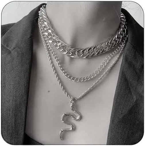CJIAYUJEW Gold Snake Layered Chunky Necklace Silver Dainty Snake Pendant Multilayered Long Chain Bohemian Choker Jewelry for Women (Silver)