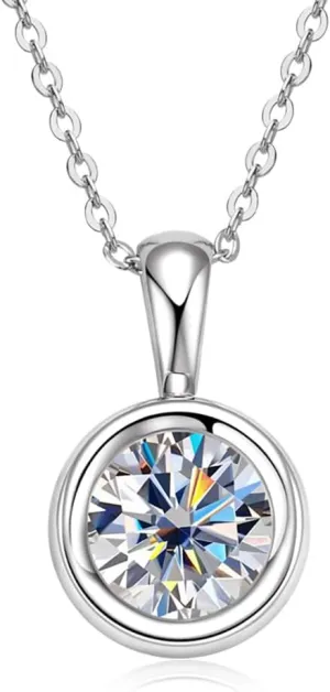 Classic 2 Carat Round Cut Diamond Pendant Necklace in Sterling Silver, Bezel-Set White Diamond, Diamond Jewelry for Women