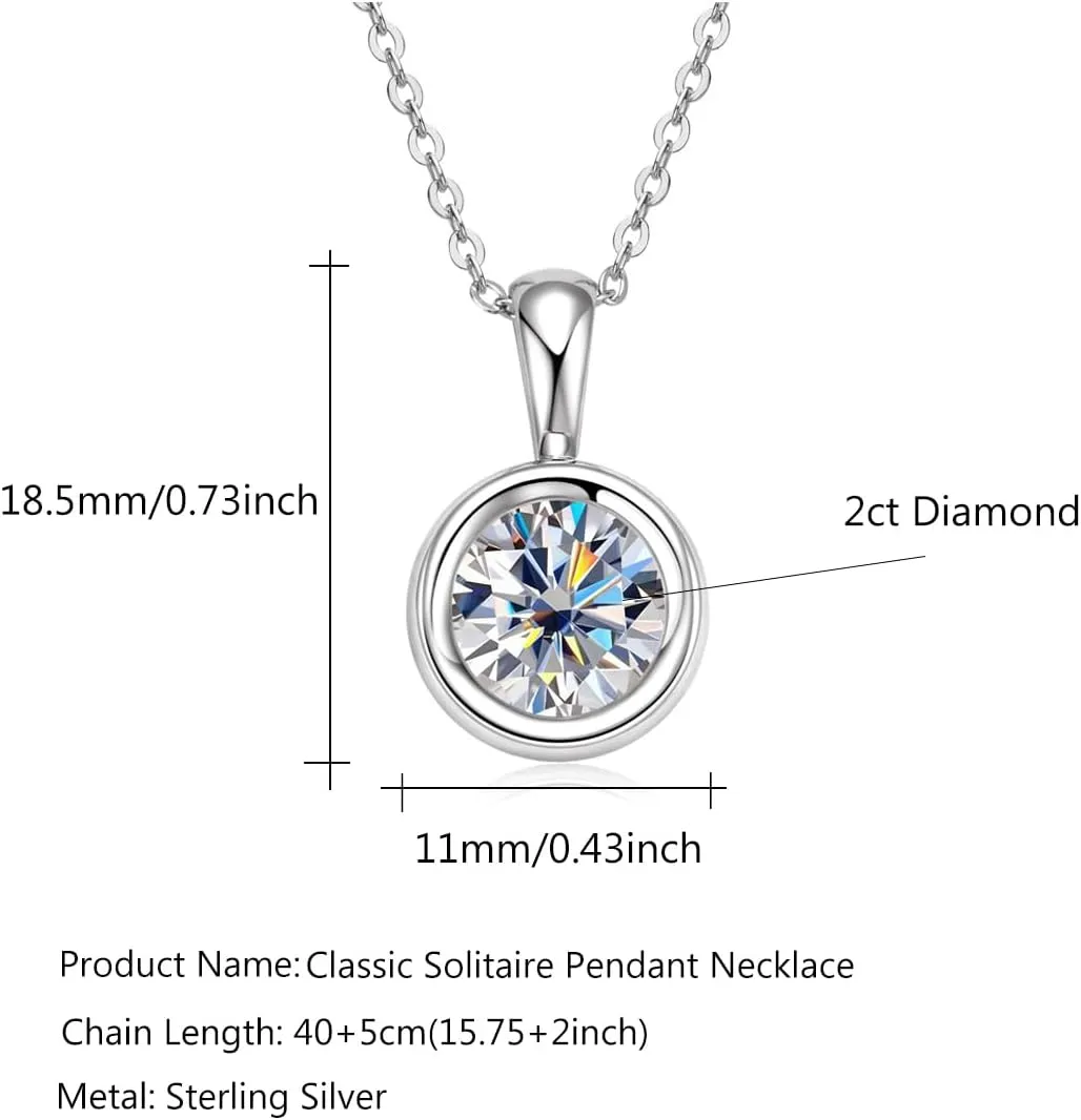 Classic 2 Carat Round Cut Diamond Pendant Necklace in Sterling Silver, Bezel-Set White Diamond, Diamond Jewelry for Women