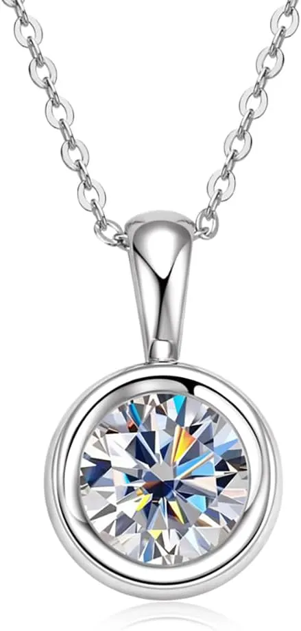 Classic 2 Carat Round Cut Diamond Pendant Necklace in Sterling Silver, Bezel-Set White Diamond, Diamond Jewelry for Women