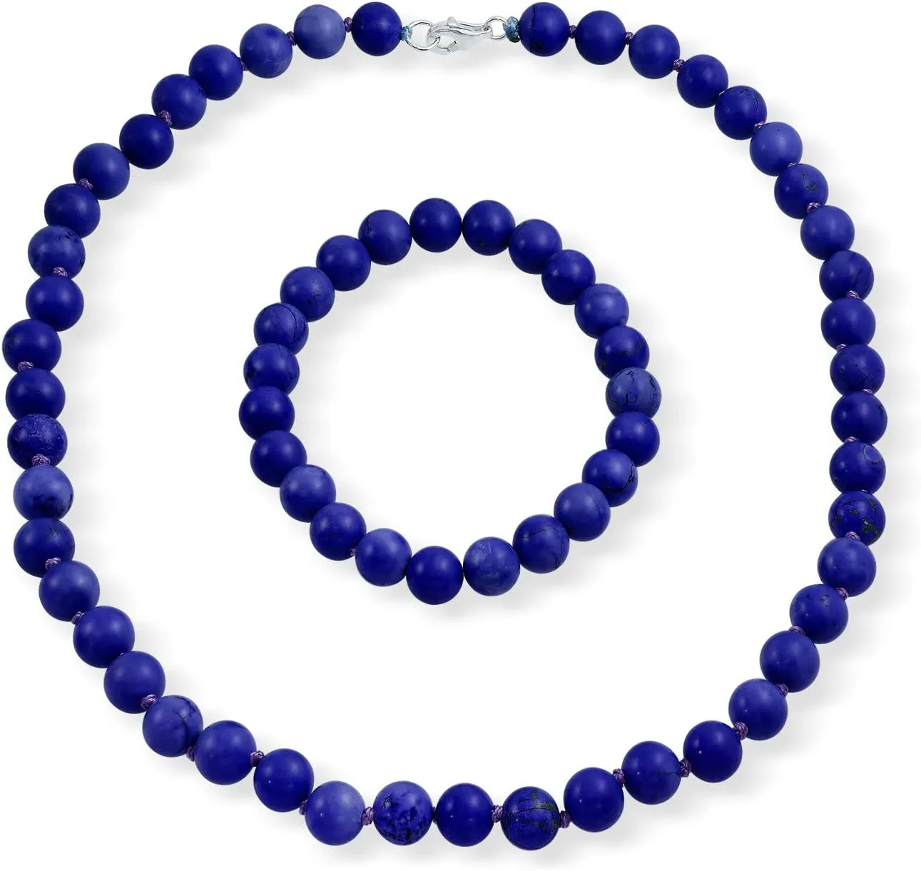 Classic Elegant Simulated Blue Lapis Lazuli Turquoise Color 7MM Ball Beads Strand Necklace Stretch Western Jewelry For Women .925 Silver Clasp